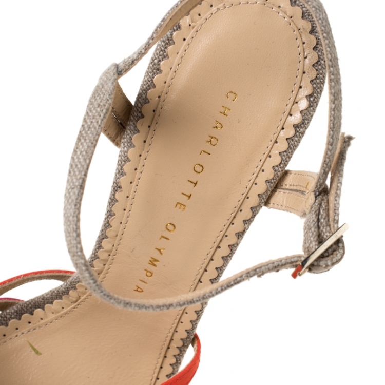 Pre Owned Charlotte Olympia Multicolor Satin And Jute Birds of Paradise Strappy Platform Sandals Size 38