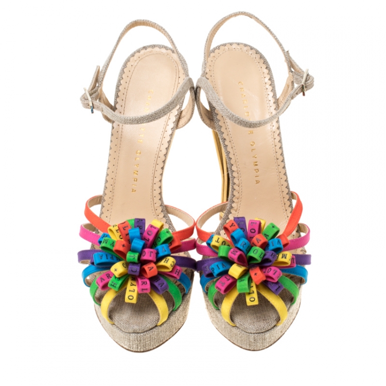Pre Owned Charlotte Olympia Multicolor Satin And Jute Birds of Paradise Strappy Platform Sandals Size 38