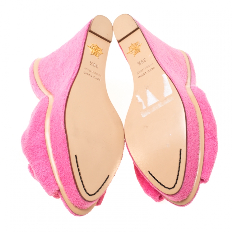 Pre Owned Charlotte Olympia Pink Terry Cloth Jayne Wedge Slides Size 39.5