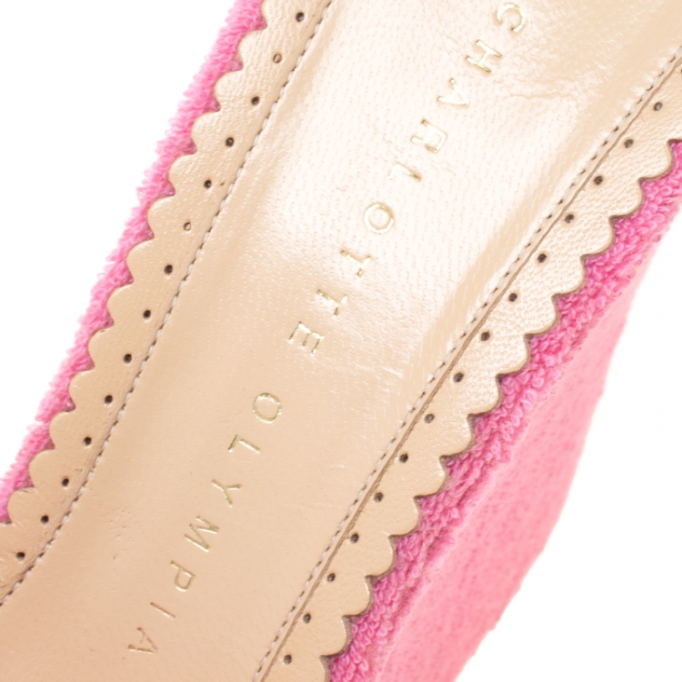 Pre Owned Charlotte Olympia Pink Terry Cloth Jayne Wedge Slides Size 39.5