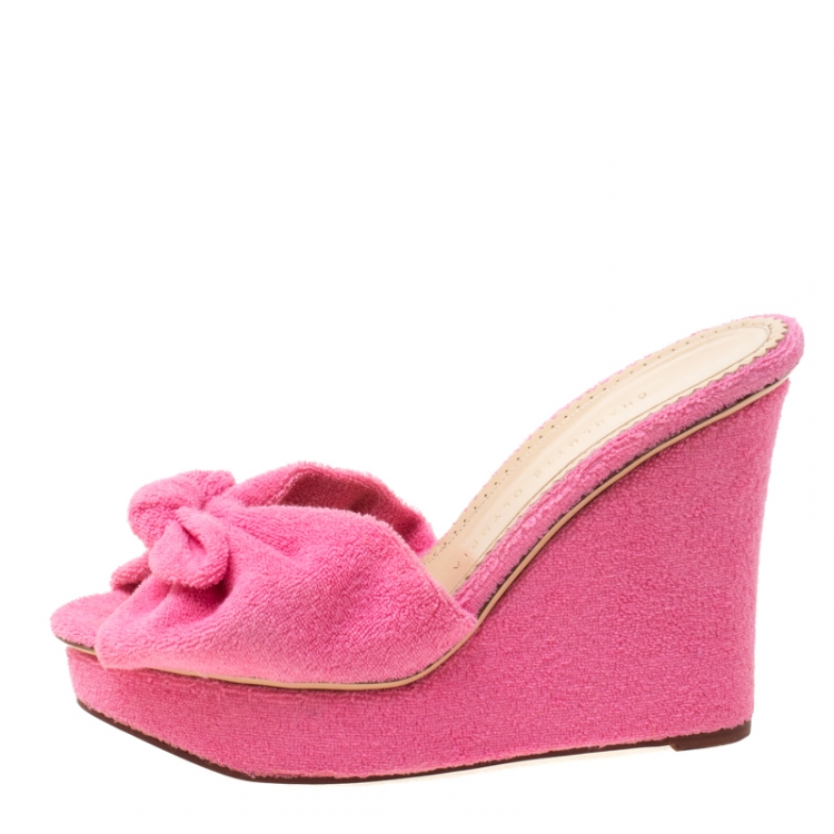Pre Owned Charlotte Olympia Pink Terry Cloth Jayne Wedge Slides Size 39.5