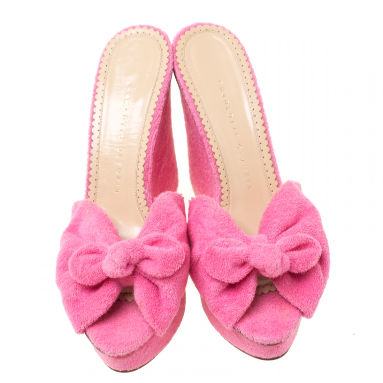 Pre Owned Charlotte Olympia Pink Terry Cloth Jayne Wedge Slides Size 39.5