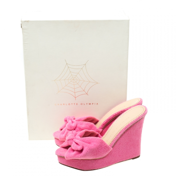 Pre Owned Charlotte Olympia Pink Terry Cloth Jayne Wedge Slides Size 39.5