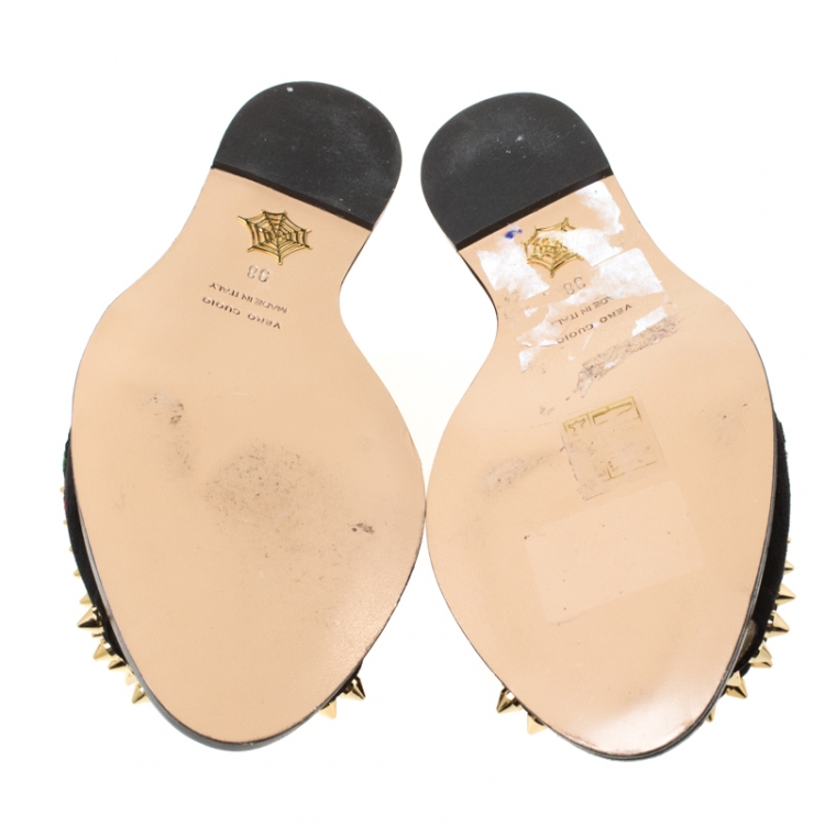 مملوكة مسبقًا Charlotte Olympia Black Suede Gail Floral Embroidered Open Toe Wedge Sandals Size 38