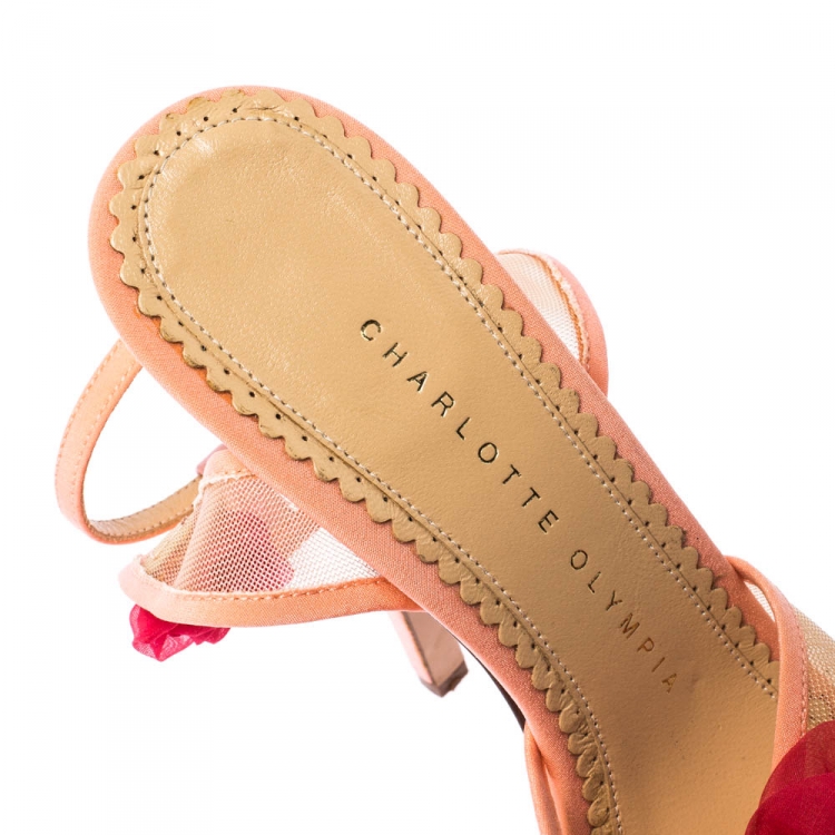 Pre Owned Charlotte Olympia Peach/Pink Satin and Mesh Pomeline Rose Peep Toe Platform Sandals Size 37