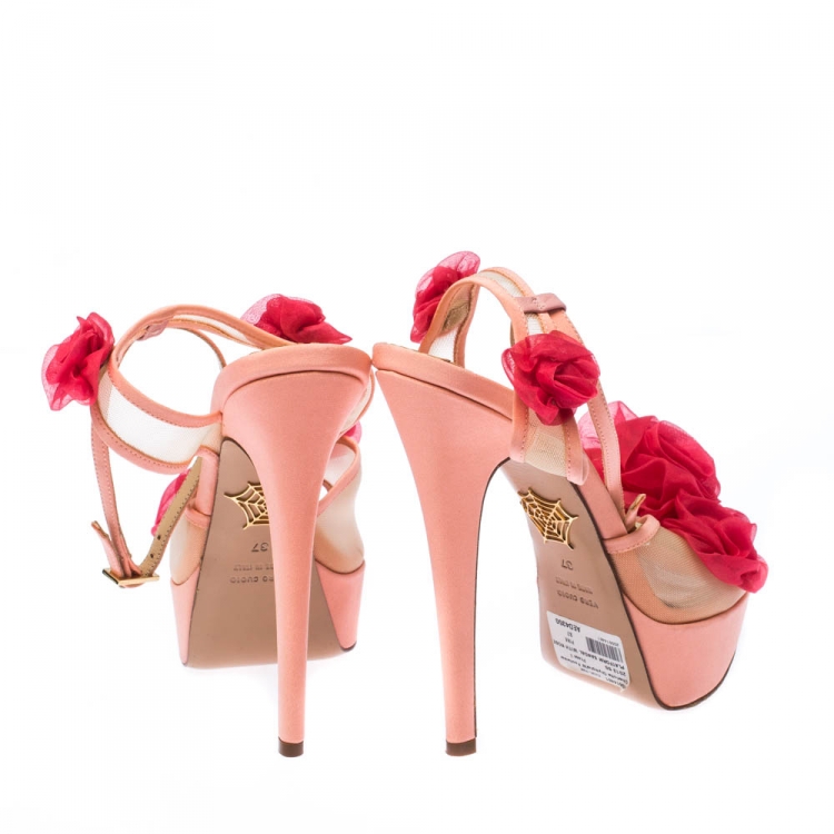 Pre Owned Charlotte Olympia Peach/Pink Satin and Mesh Pomeline Rose Peep Toe Platform Sandals Size 37