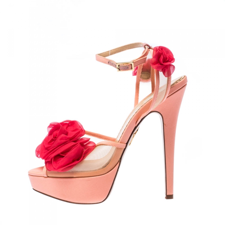 Pre Owned Charlotte Olympia Peach/Pink Satin and Mesh Pomeline Rose Peep Toe Platform Sandals Size 37