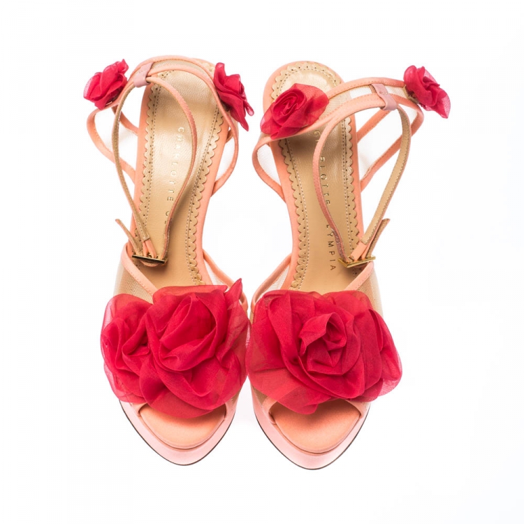 Pre Owned Charlotte Olympia Peach/Pink Satin and Mesh Pomeline Rose Peep Toe Platform Sandals Size 37