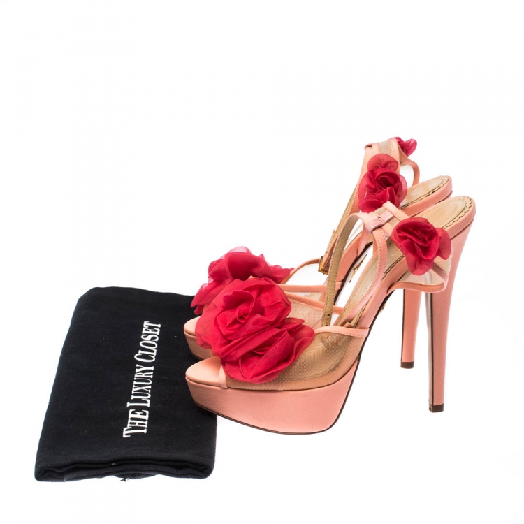 Pre Owned Charlotte Olympia Peach/Pink Satin and Mesh Pomeline Rose Peep Toe Platform Sandals Size 37