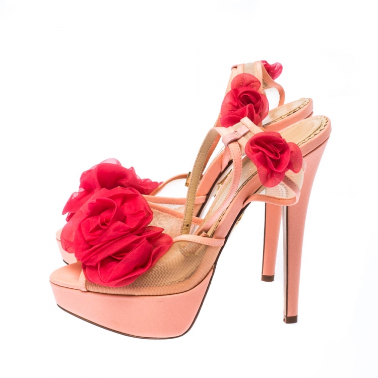 Pre Owned Charlotte Olympia Peach/Pink Satin and Mesh Pomeline Rose Peep Toe Platform Sandals Size 37