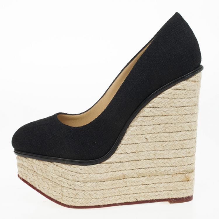 Pre Owned Charlotte Olympia Carmen Black Canvas Espadrilles Wedge Pumps Size 36