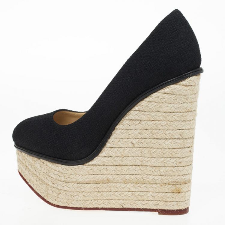 Pre Owned Charlotte Olympia Carmen Black Canvas Espadrilles Wedge Pumps Size 36