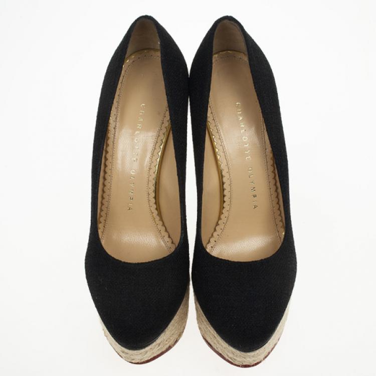 Pre Owned Charlotte Olympia Carmen Black Canvas Espadrilles Wedge Pumps Size 36
