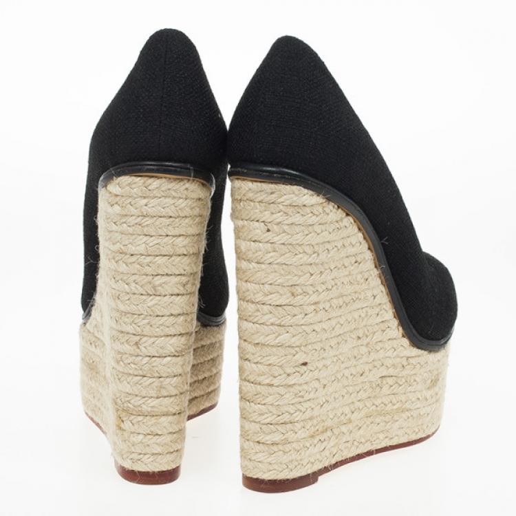 Pre Owned Charlotte Olympia Carmen Black Canvas Espadrilles Wedge Pumps Size 36