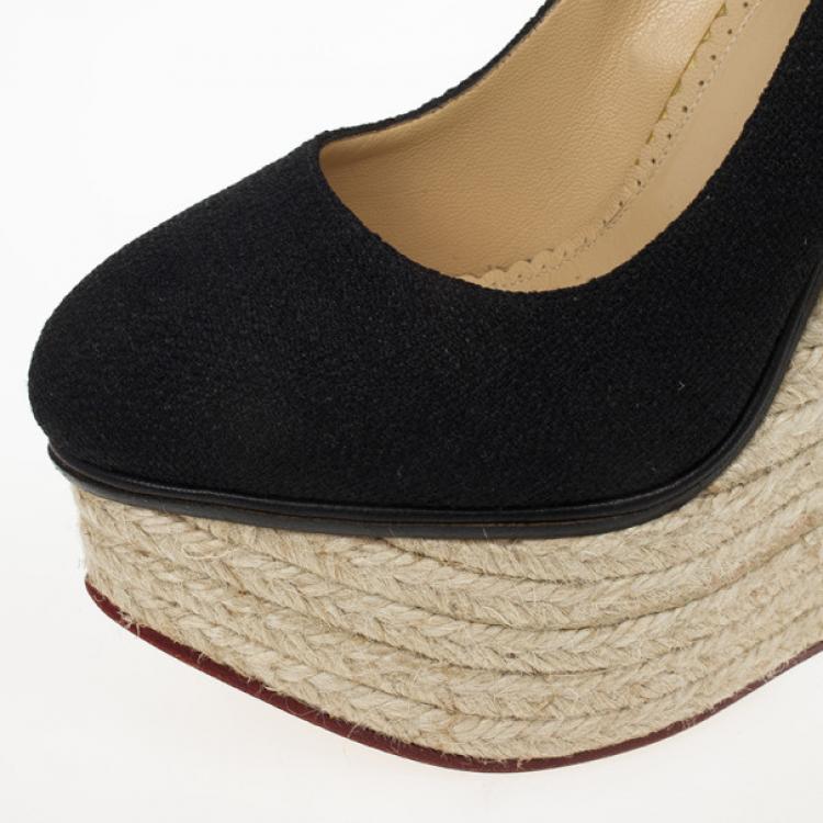 Pre Owned Charlotte Olympia Carmen Black Canvas Espadrilles Wedge Pumps Size 36