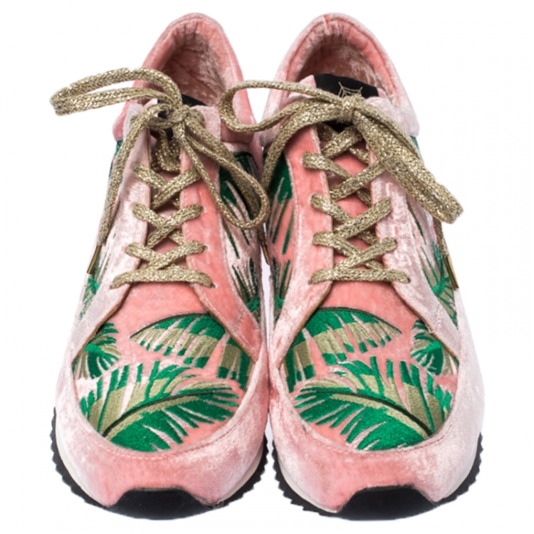 Pre Owned Charlotte Olympia Pink/Green Flamingo Velvet Work It Sneakers Size 40