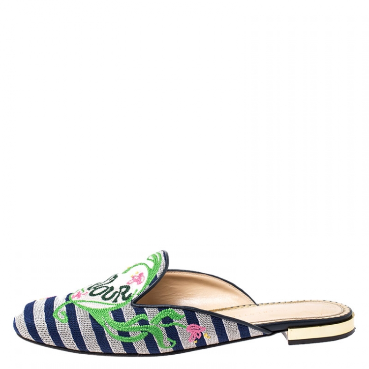 Pre Owned Charlotte Olympia Canvas Multicolor Amour Flat Mules Size 39