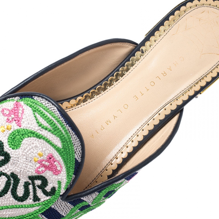Pre Owned Charlotte Olympia Canvas Multicolor Amour Flat Mules Size 39