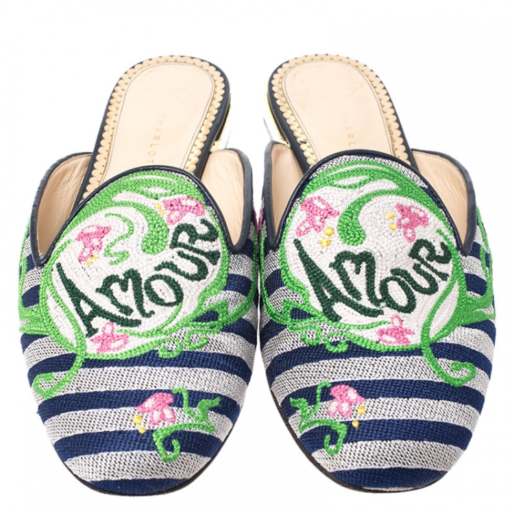Pre Owned Charlotte Olympia Canvas Multicolor Amour Flat Mules Size 39