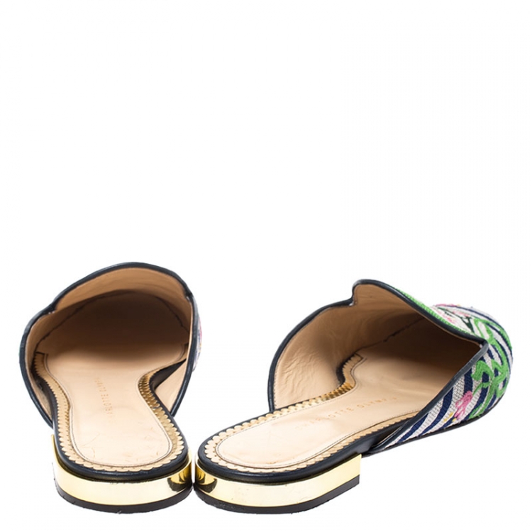 Pre Owned Charlotte Olympia Canvas Multicolor Amour Flat Mules Size 39