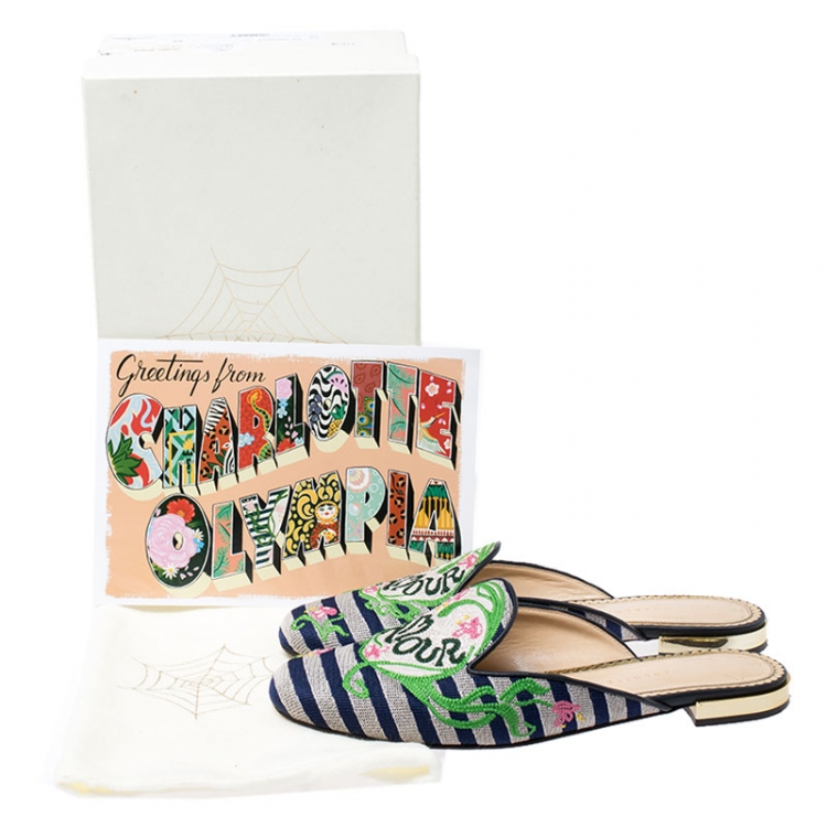 Pre Owned Charlotte Olympia Canvas Multicolor Amour Flat Mules Size 39