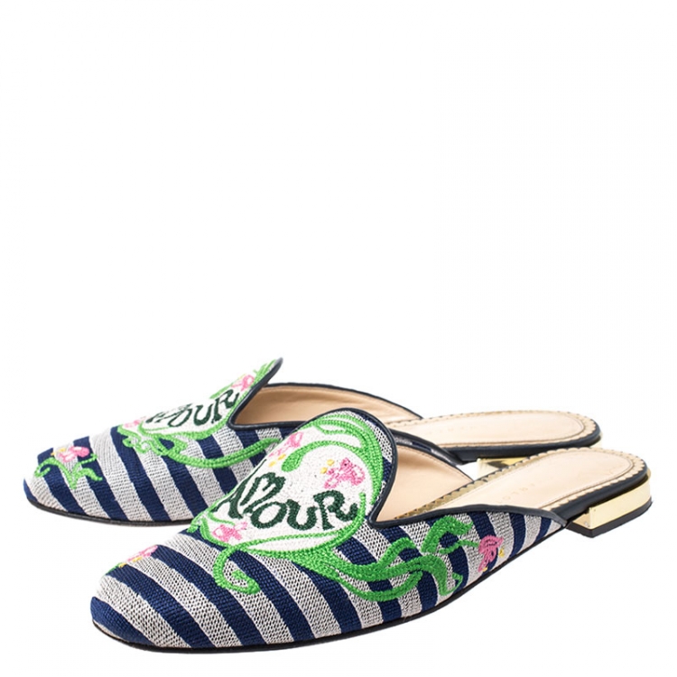 Pre Owned Charlotte Olympia Canvas Multicolor Amour Flat Mules Size 39