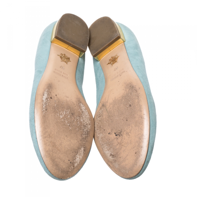 Pre Owned Charlotte Olympia Blue Suede Birthday Zodiac Gemini Ballet Flats Size 37