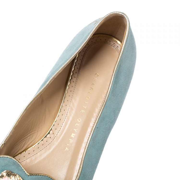 Pre Owned Charlotte Olympia Blue Suede Birthday Zodiac Gemini Ballet Flats Size 37