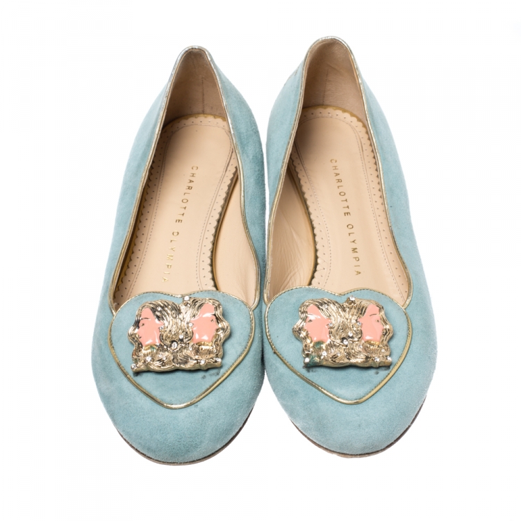 Pre Owned Charlotte Olympia Blue Suede Birthday Zodiac Gemini Ballet Flats Size 37
