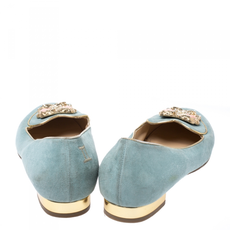 Pre Owned Charlotte Olympia Blue Suede Birthday Zodiac Gemini Ballet Flats Size 37