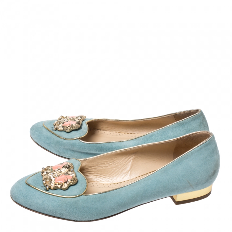 Pre Owned Charlotte Olympia Blue Suede Birthday Zodiac Gemini Ballet Flats Size 37