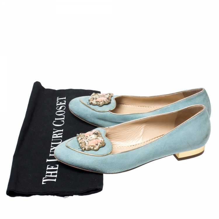 Pre Owned Charlotte Olympia Blue Suede Birthday Zodiac Gemini Ballet Flats Size 37