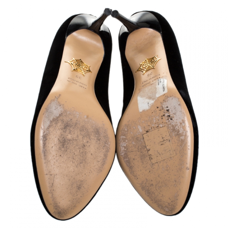 Pre Owned Charlotte Olympia Black Embroidered Velvet Kitty Pumps Size 39