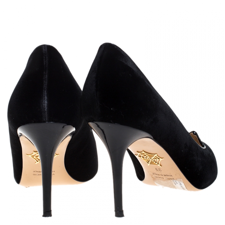Pre Owned Charlotte Olympia Black Embroidered Velvet Kitty Pumps Size 39