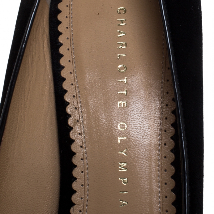 Pre Owned Charlotte Olympia Black Embroidered Velvet Kitty Pumps Size 39