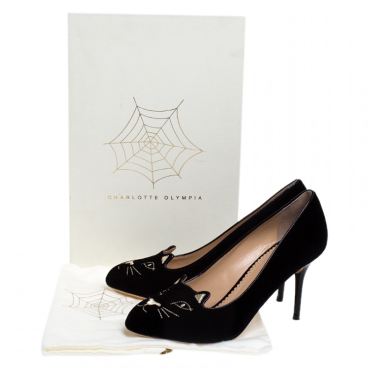 Pre Owned Charlotte Olympia Black Embroidered Velvet Kitty Pumps Size 39