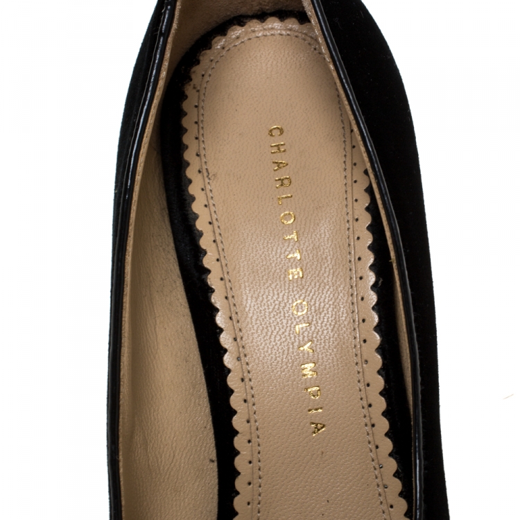 Pre Owned Charlotte Olympia Black Embroidered Velvet Kitty Pumps Size 39.5