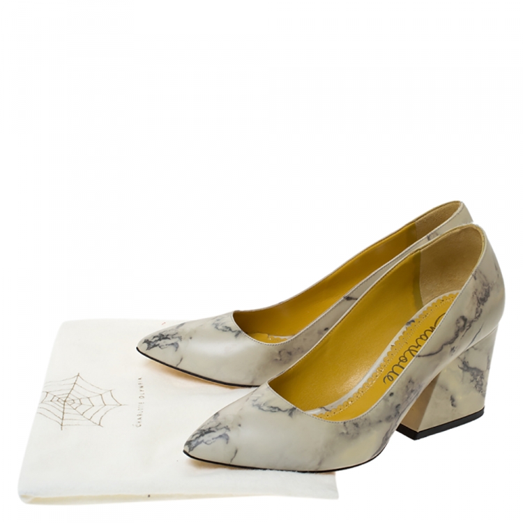Pre Owned Charlotte Olympia Cream Marble Print Leather Mabel Pumps Size 38