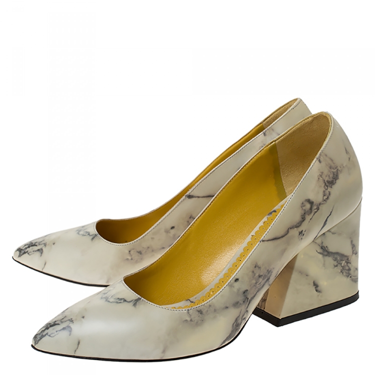 Pre Owned Charlotte Olympia Cream Marble Print Leather Mabel Pumps Size 38