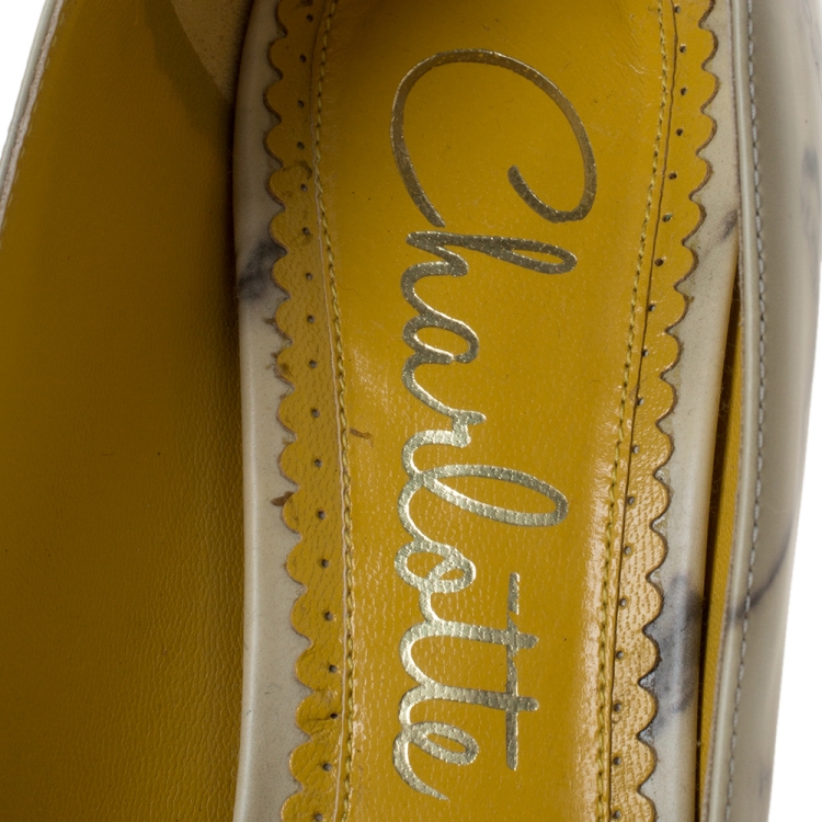 Pre Owned Charlotte Olympia Cream Marble Print Leather Mabel Pumps Size 38