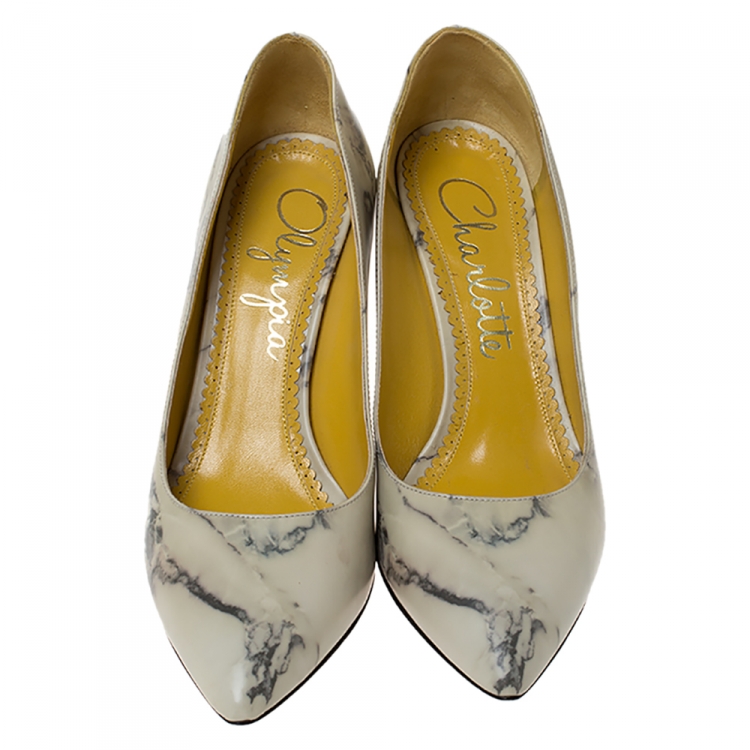 Pre Owned Charlotte Olympia Cream Marble Print Leather Mabel Pumps Size 38