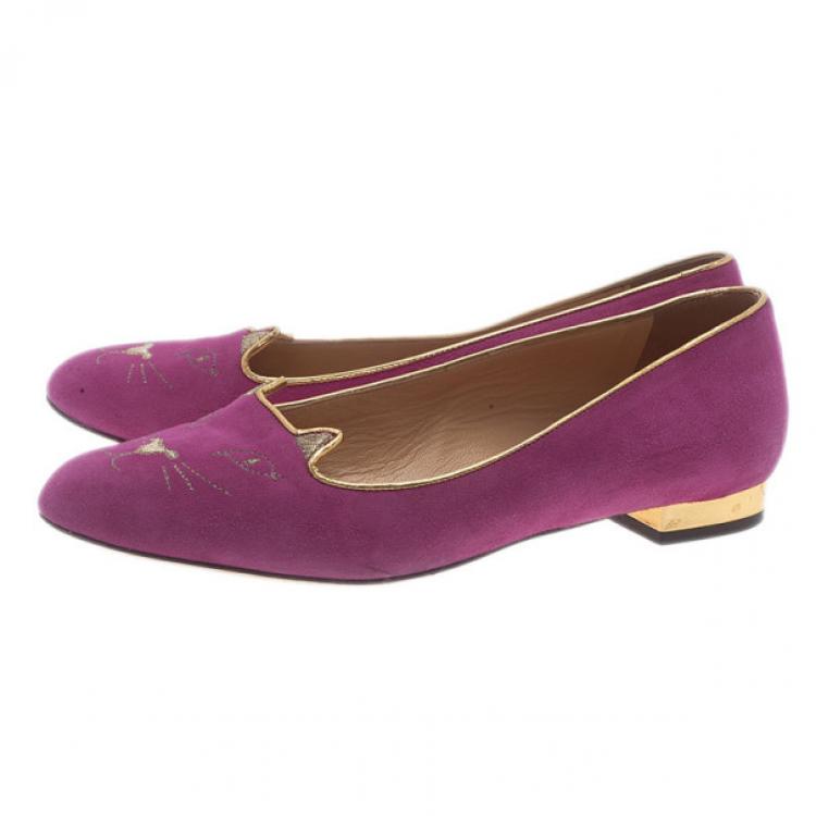 Pre Owned Charlotte Olympia Pink Kitty Suede Embroidered Flats Size 39.5