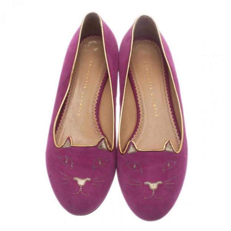 Pre Owned Charlotte Olympia Pink Kitty Suede Embroidered Flats Size 39.5