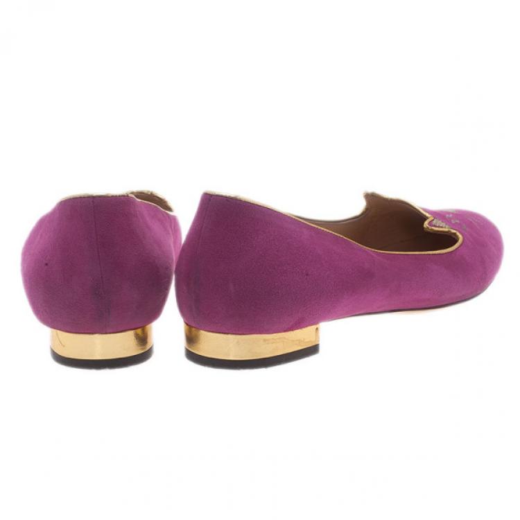 Pre Owned Charlotte Olympia Pink Kitty Suede Embroidered Flats Size 39.5