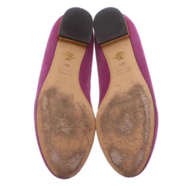 Pre Owned Charlotte Olympia Pink Kitty Suede Embroidered Flats Size 39.5