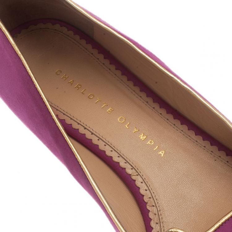 Pre Owned Charlotte Olympia Pink Kitty Suede Embroidered Flats Size 39.5