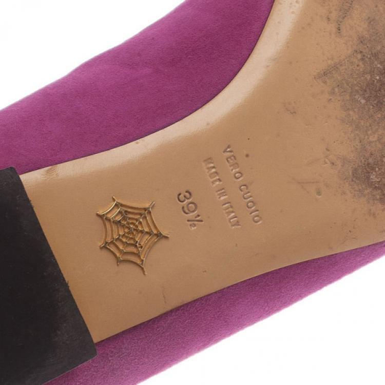 Pre Owned Charlotte Olympia Pink Kitty Suede Embroidered Flats Size 39.5