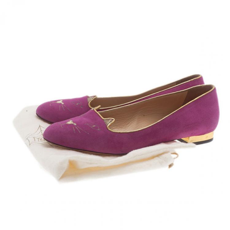 Pre Owned Charlotte Olympia Pink Kitty Suede Embroidered Flats Size 39.5