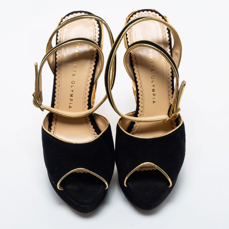 Pre Owned Charlotte Olympia Black Suede Peep Toe  Ankle Strap Sandals Size 39