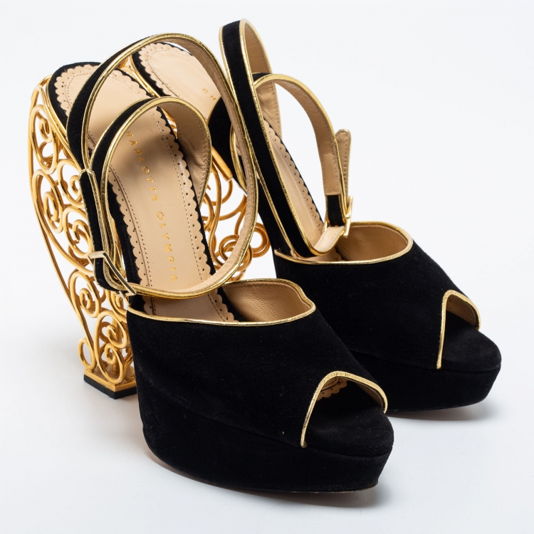 Pre Owned Charlotte Olympia Black Suede Peep Toe  Ankle Strap Sandals Size 39